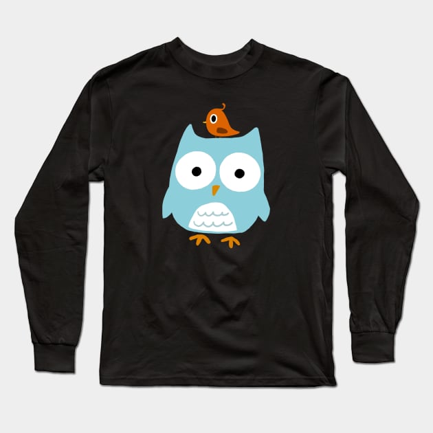 Blue Owl with Little Orange Bird Long Sleeve T-Shirt by Coffee Squirrel